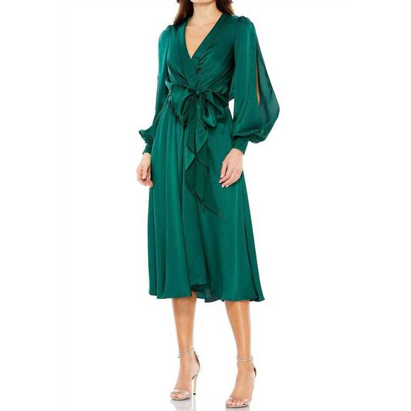 NEW MAC DUGGAL collared faux wrap bishop sleeve flowy dress in emerald